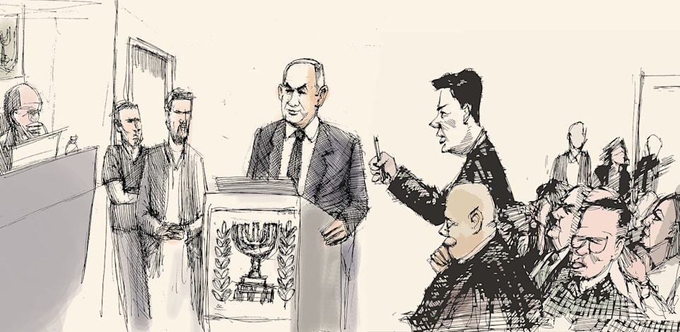עדות נתניהו בבית המשפט המחוזי בתל אביב / איור: גיל ג'יבלי