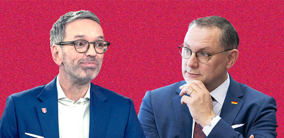 מנהיג מפלגת אלטרנטיבה לגרמניה, טינו כרופלה ומנהיג מפלגת החירות האוסטרית, הרברט קיקל / צילומים: רויטרס -Sebastian Kahnert - AP, Andreea Alexandru