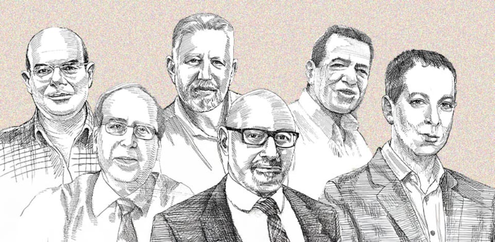 דייב לובצקי, שמואל לב, יוסי לוי, צבי סטפק, יאיר לפידות / איור: גיל ג'יבלי