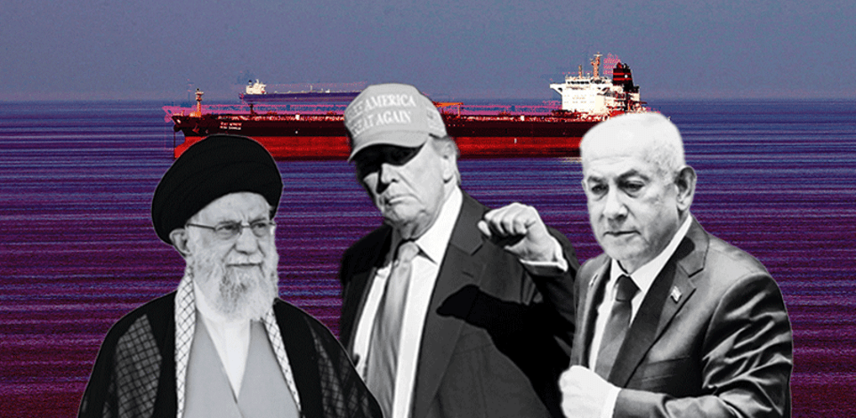 נתניהו, טראמפ וחמינאי על רקע מיצרי הורמוז / עיבוד: נועם מושקוביץ דוברות הכנסת, וHamad I Mohammed, IMAGO/Khamenei office \ apaimage (רויטרס), Jose Luis Magana