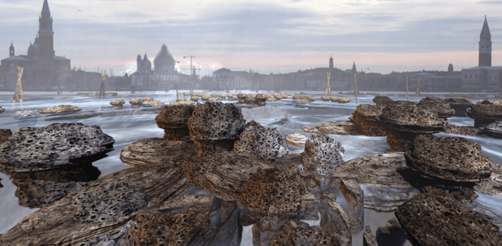''ונציה של העתיד'',  שונית אלמוגים סינתטית ענקית למניעת שקיעתה של ונציה. פרויקט של פרופ' רייצ’ל ארמסטרונג / צילום: הדמית מחשב של Christian Kerrigan