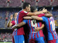 שחקני ברצלונה חוגגים ניצחון במשחקי הליגה הספרדית, השבוע / צילום: Reuters