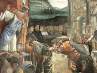 עונשו של קֹרַח , פרט מהציור של סנדרו בוטיצ'לי, 1480-1482, הקפלה הסיסטינית / צילום: ויקיפדיה