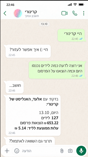 פורץ דרך: המשתמש יוצר קשר באמצעות הווטסאפ עם אנשי ה-AI והוא מקבל נתונים בזמן אמת בצורה ישירה מהמערכת / צילום: באדיבות צוות קרינורי