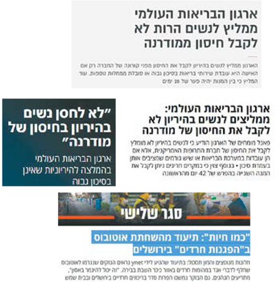 סיקור התקשורת לגבי הנחיות החיסון של מודרנה לנשים בהריון ובנוגע למחאה בחברה החרדית סיקור התקשורת לגבי הנחיות החיסון של מודרנה לנשים בהריון ובנוגע למחאה בחברה החרדית
