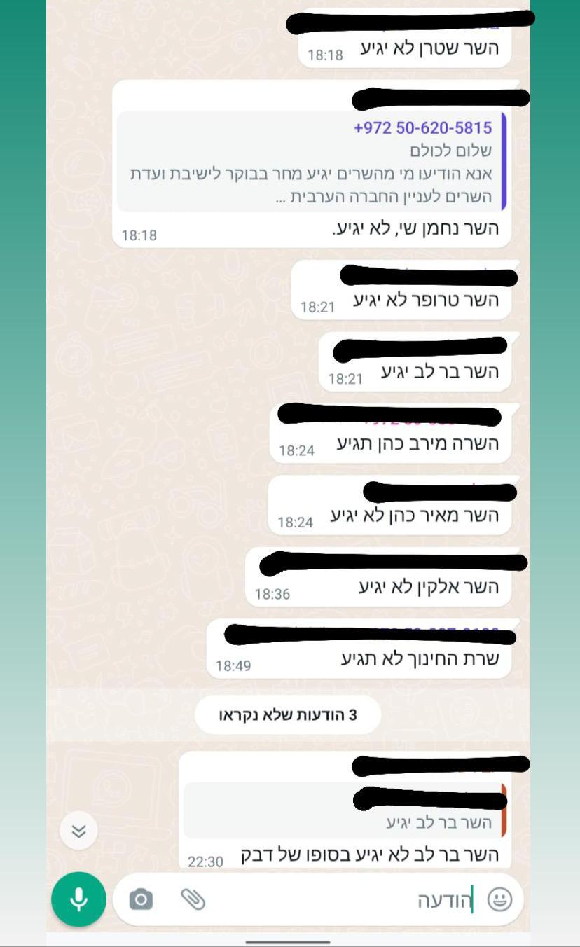 צילום מסך של הודעת וואטסאפ אמש בקבוצת שרי הממשלה