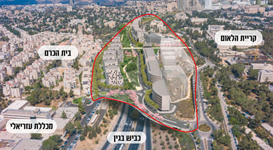 בסימון: הדמיית פרויקט קירוי כביש בגין בירושלים / הדמיה: קולקר קולקר אפשטין