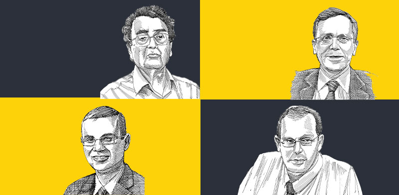 נשיא המדינה יצחק הרצוג, פרופ' יובל אלבשן, פרופ' דניאל פרידמן ושר המשפטים יריב לוין / איור: גיל ג'יבלי