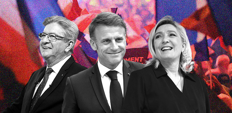 / צילום: לה־פן (RN/UXD), עמנואל מקרון (ENS), ז'אן לוק מלנשון (NFP) / צילומים: רויטרס - Blondet Eliot/ABACA , Andre Pain/Pool , William Cannarella / Panoramic"