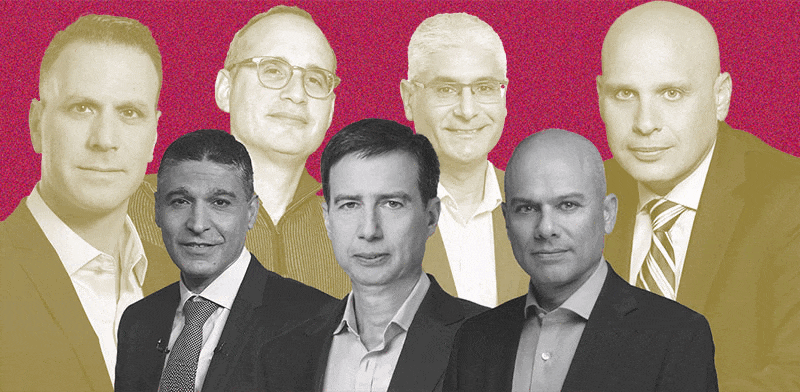 "מנכלי הבנקים: ענתבי (הפועלים), פרידמן (לאומי), לארי (מזרחי). מאחורה בכירים בענף מחוץ לבנקים: הלוי(כאל), יוסף (גמא), בן זאב(הבורסה לני''ע), דואק (מניף) / צילום: ענבל מרמרי, אורן דאי, יח''צ, רמי זרנגר, נתי חדד, כדיה לוי"