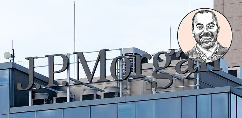 "סניף ג'יי.פי מורגן. בעיגול: אוליבייה עמר / צילום: רויטרס - Marek Antoni Iwanczuk, איור: גיל ג'יבלי"