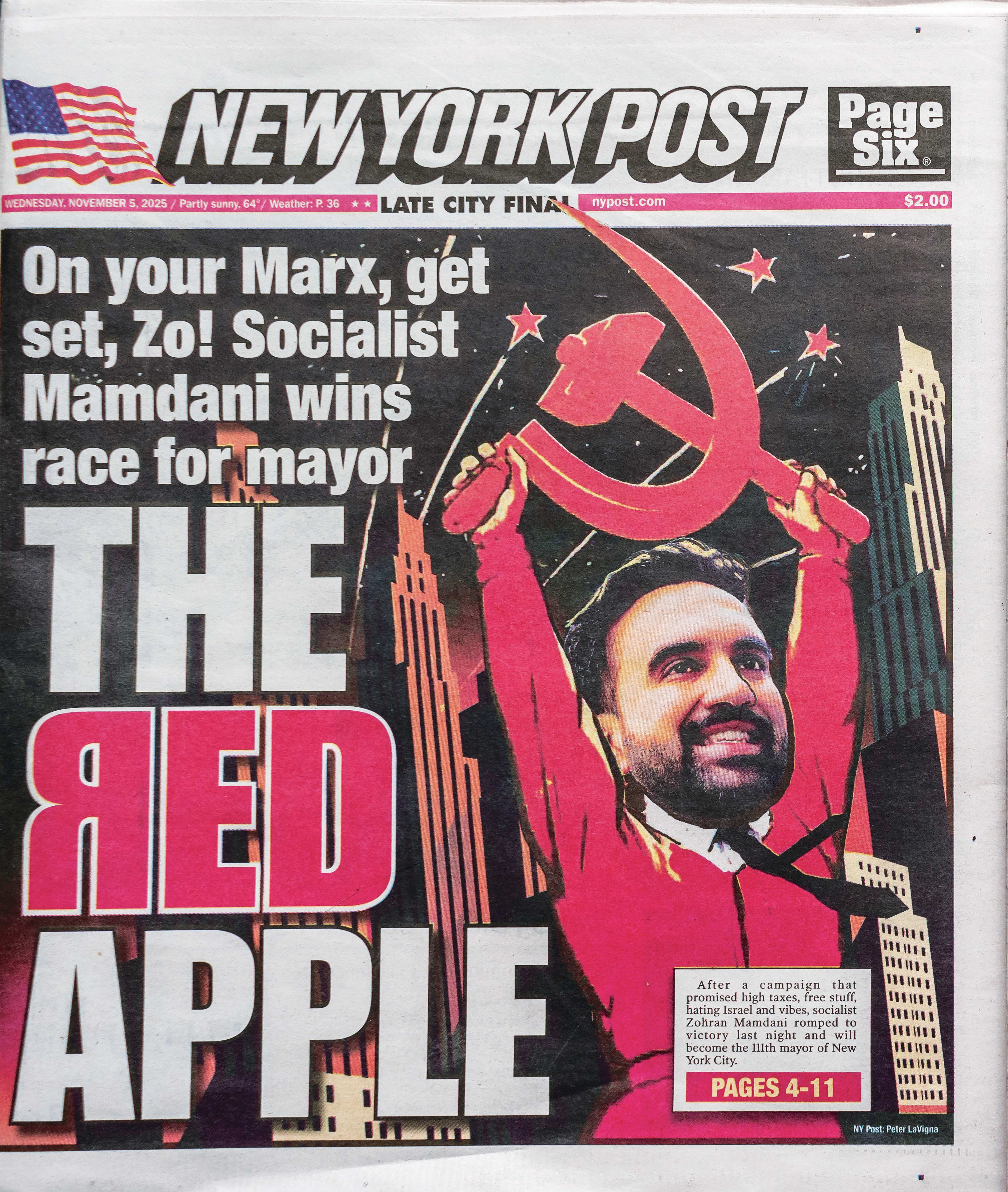 ממדאני כדמות קומוניסטית על גבי שער הניו יורק פוסט / צילום: Reuters, Sipa USA