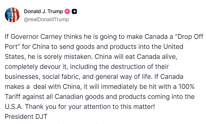 צילום מסך מרשת Truth, טראמפ מאיים על קנדה