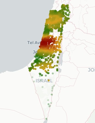 האזורים בהם נשמעו אזעקות מתחילת המלחמה / צילום: מתוך אתר המעקב של אריה איזנמן