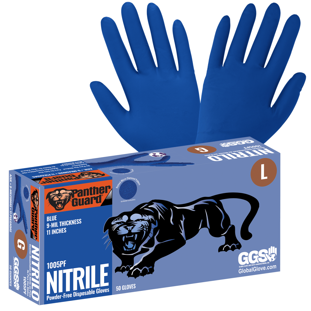 Panther-Guard® Heavyweight Nitrile, Powder-Free, Industrial-Grade, Raised Micro-Diamond Pattern, Blue, 9-Mil, 11-Inch Disposable Gloves - 1005PF