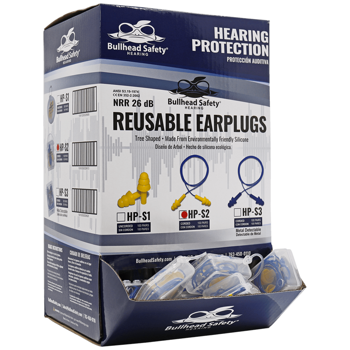 Bullhead Safety® Hearing Protection Corded Reusable Silicone NRR 26 dB Earplugs - HP-S2