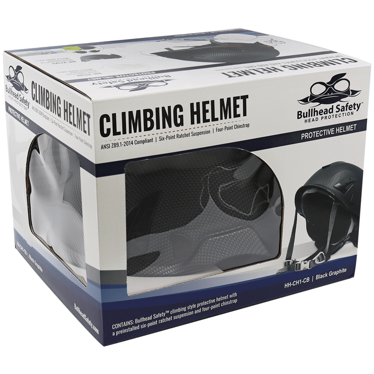 Bullhead Safety™ Head Protection - Matte Black Graphite Climbing Style Protective Helmet with Six-Point Ratchet Suspension and Four-Point Chin Strap - LIMITED STOCK - HH-CH1-CB