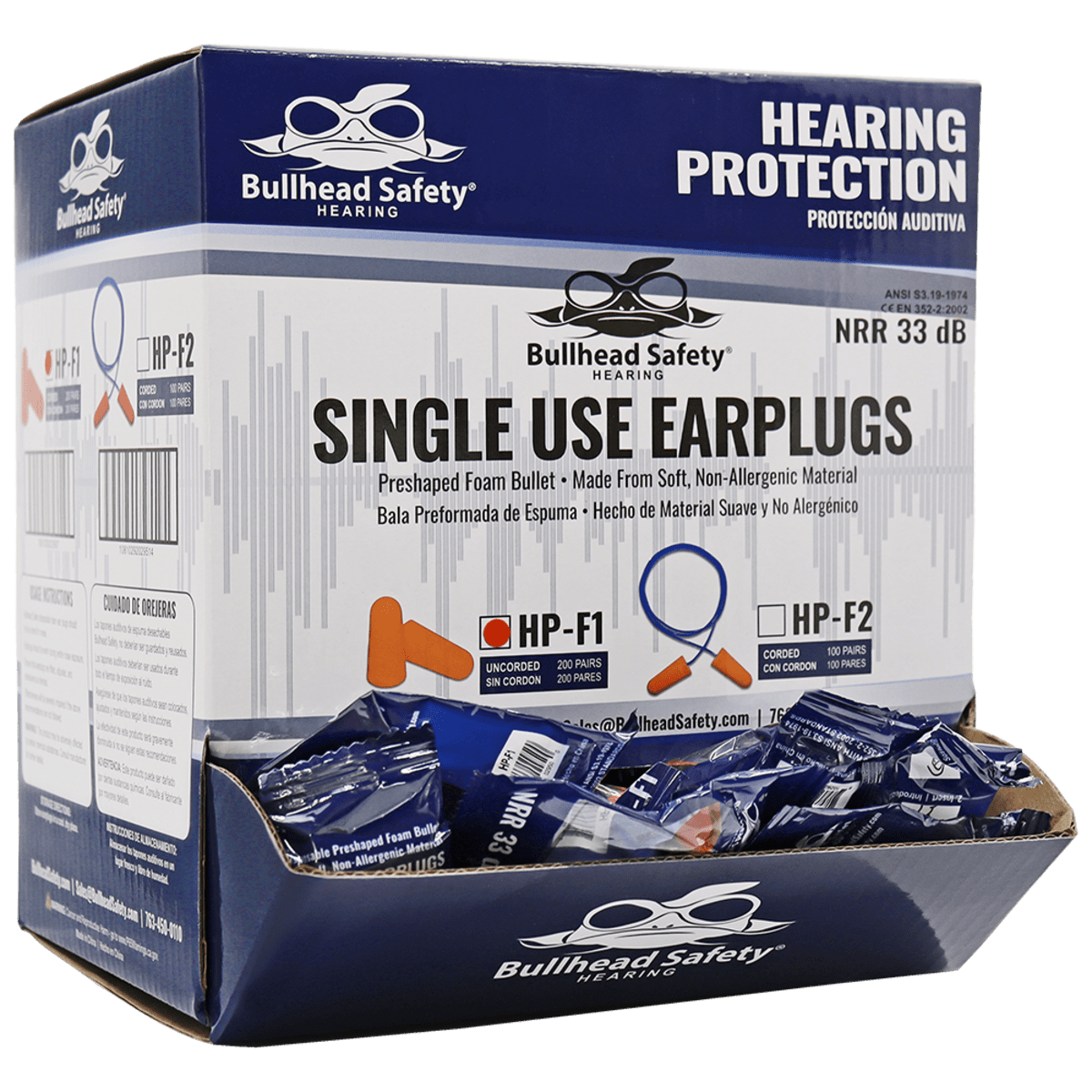 Bullhead Safety® Hearing Protection Uncorded Polyurethane Foam NRR 33 dB Earplugs - HP-F1