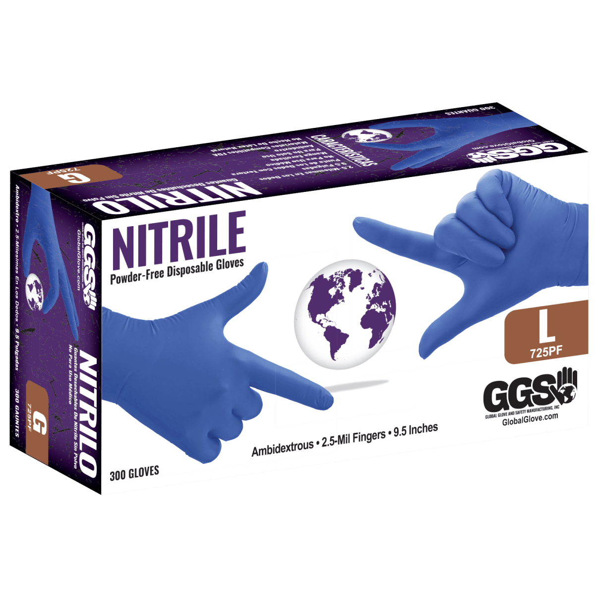 Nitrile, Powder-Free, Industrial-Grade, Lightweight, Royal Blue, 2.5-Mil, Textured Fingertips, 9.5-Inch Disposable Gloves - 725PF