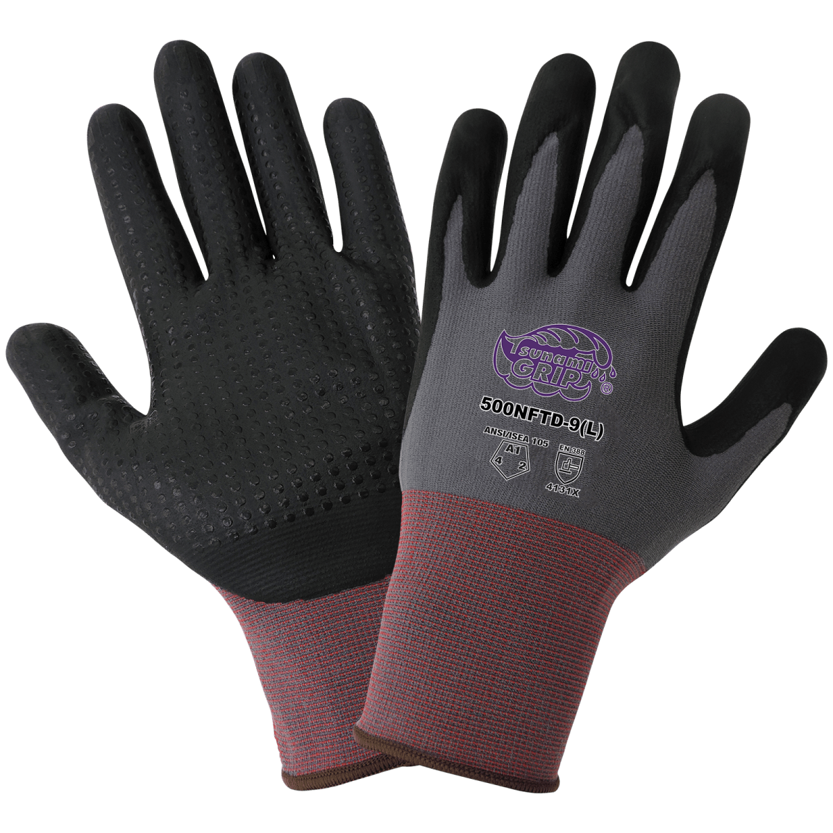 Tsunami Grip® Lightweight Dotted New Foam Technology Coated Nylon/Spandex Gloves with Cut, Abrasion, and Puncture Resistance - 500NFTD