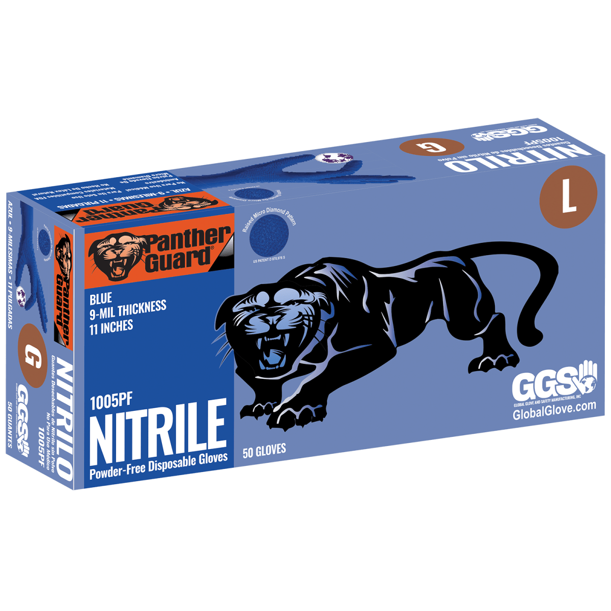 Panther-Guard® Heavyweight Nitrile, Powder-Free, Industrial-Grade, Raised Micro-Diamond Pattern, Blue, 9-Mil, 11-Inch Disposable Gloves - 1005PF