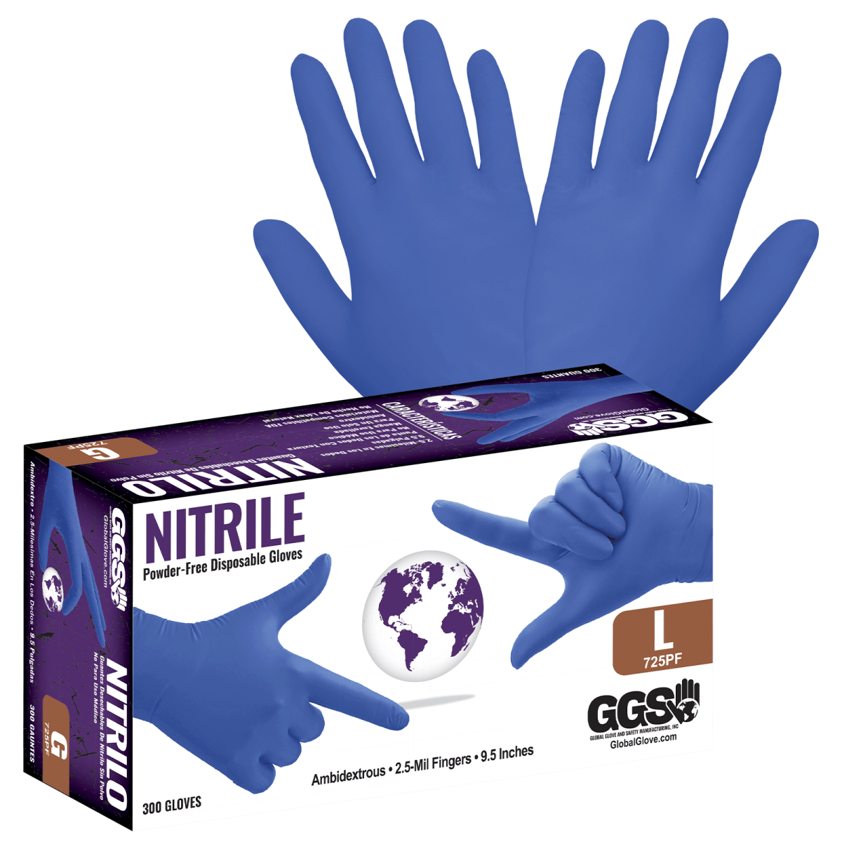 Nitrile, Powder-Free, Industrial-Grade, Lightweight, Royal Blue, 2.5-Mil, Textured Fingertips, 9.5-Inch Disposable Gloves - 725PF