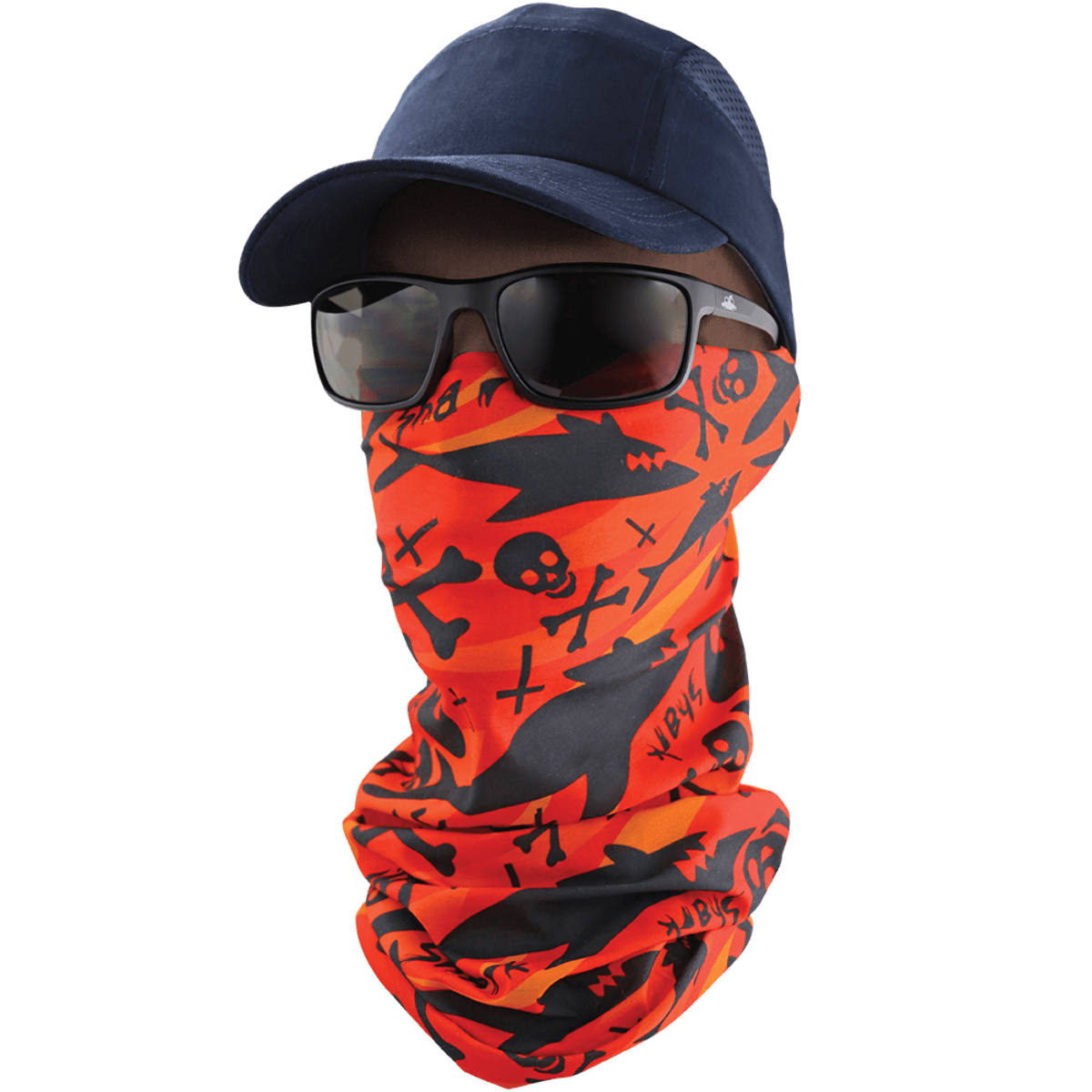 FrogWear™ Multi-Function Neck Gaiter, Orange and Black Shark and Cross Bones Design - LIMITED STOCK - NG-203