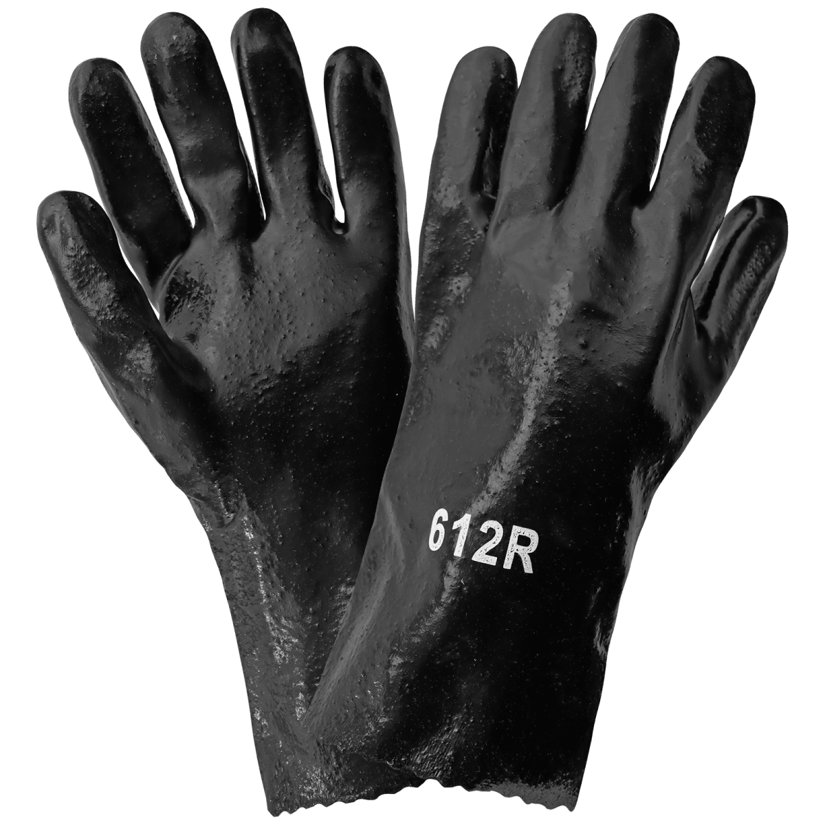 Economy 12-Inch Black PVC Chemical Resistant Gloves with a Cotton Interlock Liner and Gauntlet Cuff - 612R