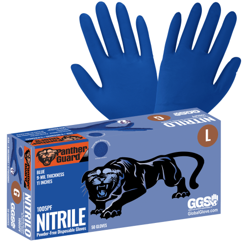 Panther-Guard® Heavyweight Nitrile, Powder-Free, Industrial-Grade, Raised Micro-Diamond Pattern, Blue, 9-Mil, 11-Inch Disposable Gloves - 1005PF