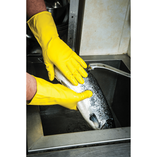 FrogWear® Premium 18-Mil Flock-Lined Yellow Latex Unsupported Gloves with Diamond Pattern Grip - 150F