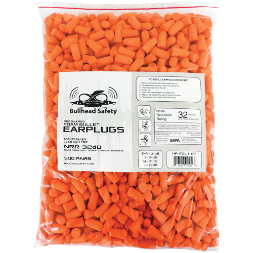 Bullhead Safety® Hearing Protection PVC-Free Polyurethane Foam NRR 32 dB Earplug 500 Pair Refill Pack - HP-FDL1-RF