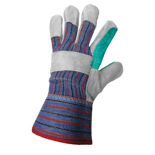 Economy Gray and Teal Split Cowhide Double Palm Gloves with Rubberized Safety Cuff - 2300DP