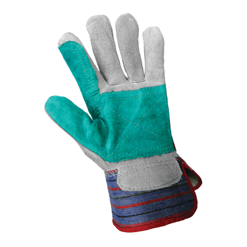 Economy Gray and Teal Split Cowhide Double Palm Gloves with Rubberized Safety Cuff - 2300DP