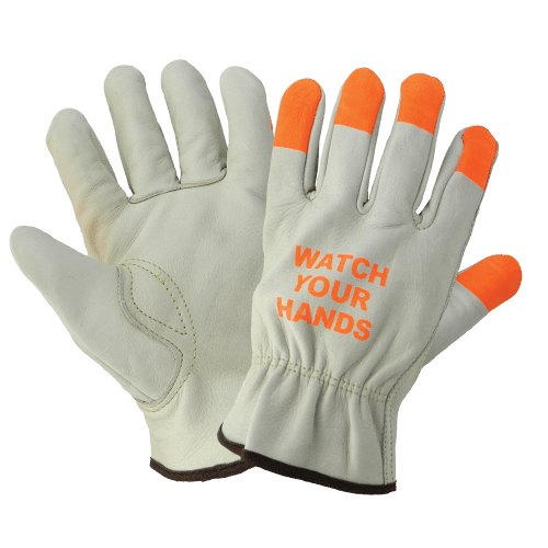 Standard Cowhide Leather Drivers Style Gloves with High-Visibility Orange Fingertips - 3200WH