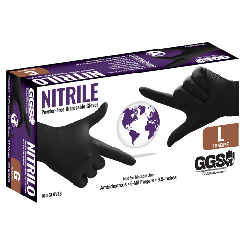 Nitrile, Powder-Free, Industrial-Grade, Black, 5-Mil, Textured Fingertips, 9.5-Inch Disposable Gloves - 705BPF