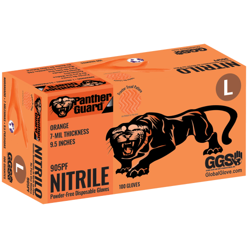 Panther-Guard® Heavyweight Nitrile, Powder-Free, Industrial-Grade, High-Visibility Orange, 7-Mil, Tractor Tread Pattern, 9.5-Inch Disposable Gloves - 905PF