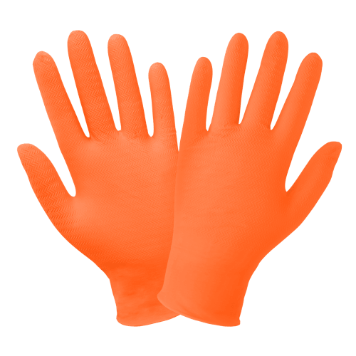 Panther-Guard® Heavyweight Nitrile, Powder-Free, Industrial-Grade, High-Visibility Orange, 7-Mil, Tractor Tread Pattern, 9.5-Inch Disposable Gloves - 905PF