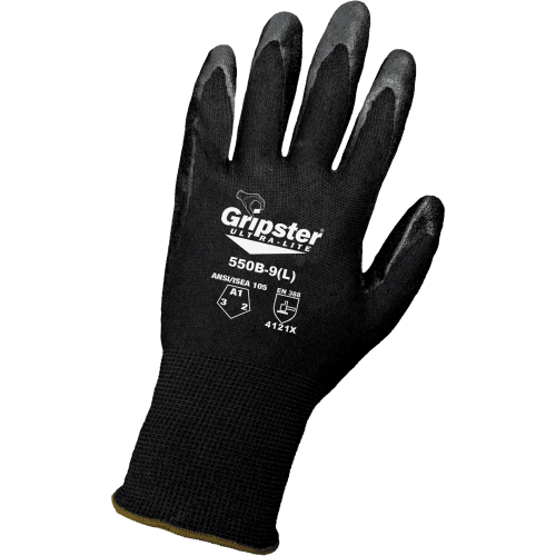 Gripster® Ultra-Lite Black Foam Nitrile Coated Nylon Gloves with Cut, Abrasion, and Puncture Resistance - 550B