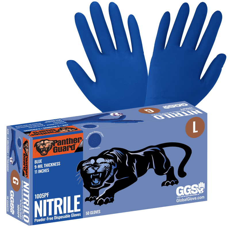Panther-Guard® Heavyweight Nitrile, Powder-Free, Industrial-Grade, Raised Micro-Diamond Pattern, Blue, 9-Mil, 11-Inch Disposable Gloves - 1005PF