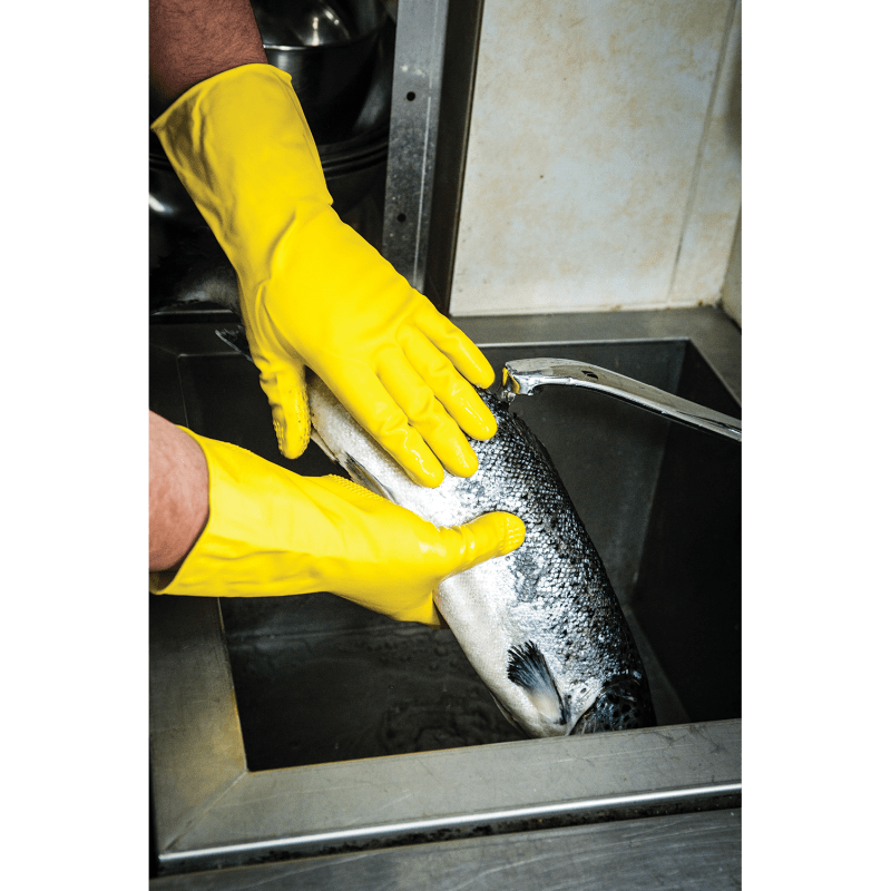 FrogWear® Premium 18-Mil Flock-Lined Yellow Latex Unsupported Gloves with Diamond Pattern Grip - 150F