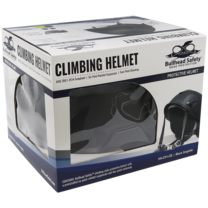 Bullhead Safety™ Head Protection - Matte Black Graphite Climbing Style Protective Helmet with Six-Point Ratchet Suspension and Four-Point Chin Strap - LIMITED STOCK - HH-CH1-CB