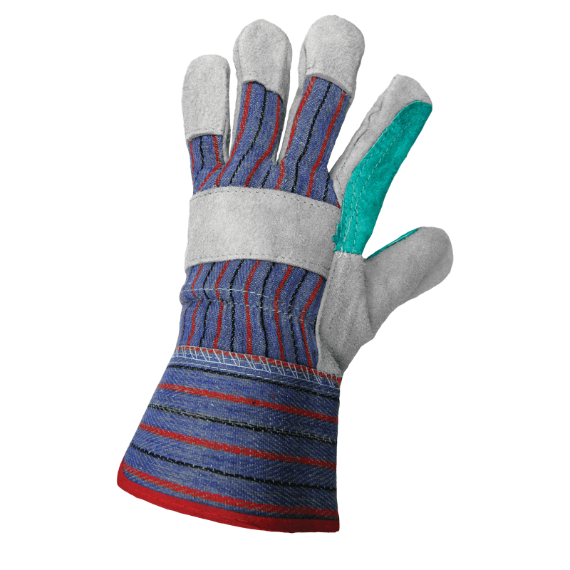 Economy Gray and Teal Split Cowhide Double Palm Gloves with Rubberized Safety Cuff - 2300DP