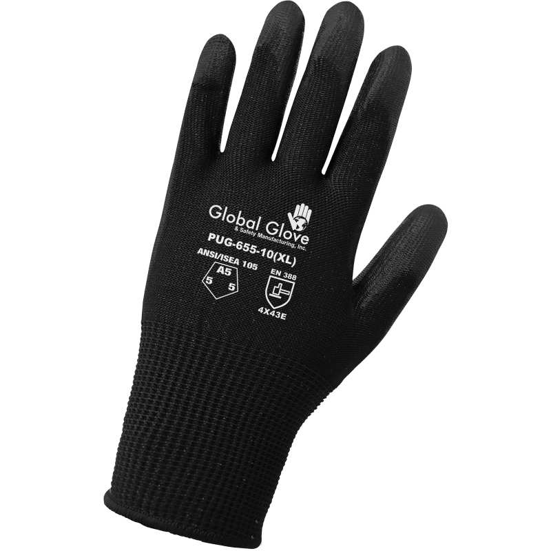 Smooth Polyurethane-Coated Black Seamless HPPE Cut, Abrasion, and Puncture Resistant Gloves - PUG-655