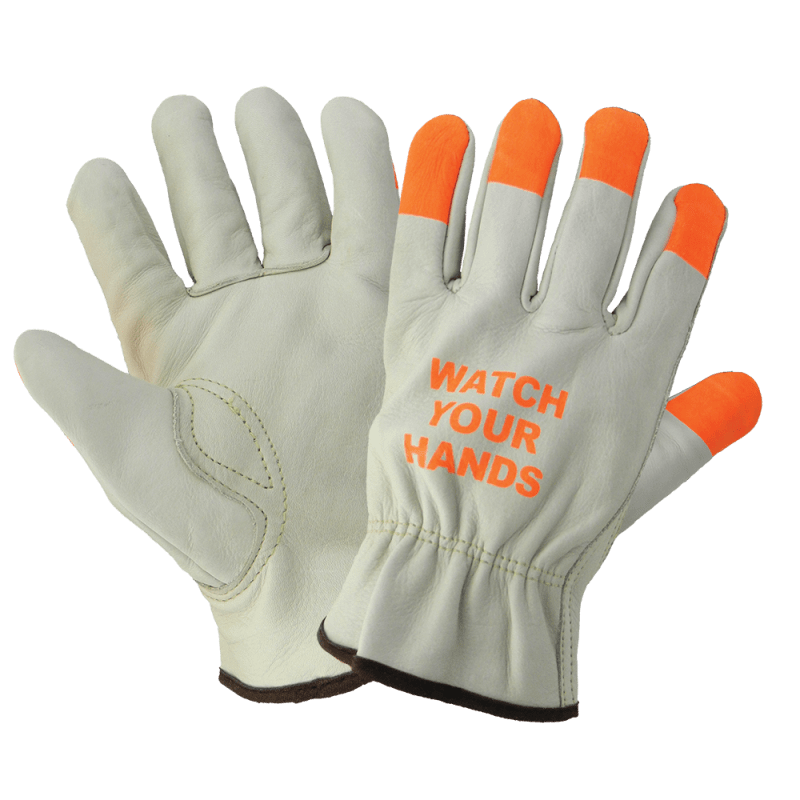 Standard Cowhide Leather Drivers Style Gloves with High-Visibility Orange Fingertips - 3200WH
