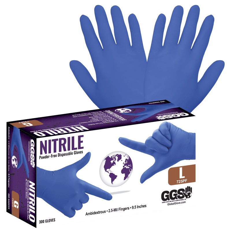 Nitrile, Powder-Free, Industrial-Grade, Lightweight, Royal Blue, 2.5-Mil, Textured Fingertips, 9.5-Inch Disposable Gloves - 725PF