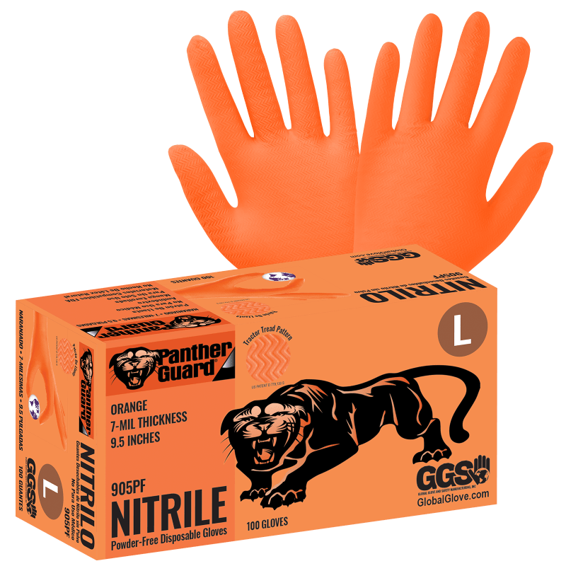 Panther-Guard® Heavyweight Nitrile, Powder-Free, Industrial-Grade, High-Visibility Orange, 7-Mil, Tractor Tread Pattern, 9.5-Inch Disposable Gloves - 905PF
