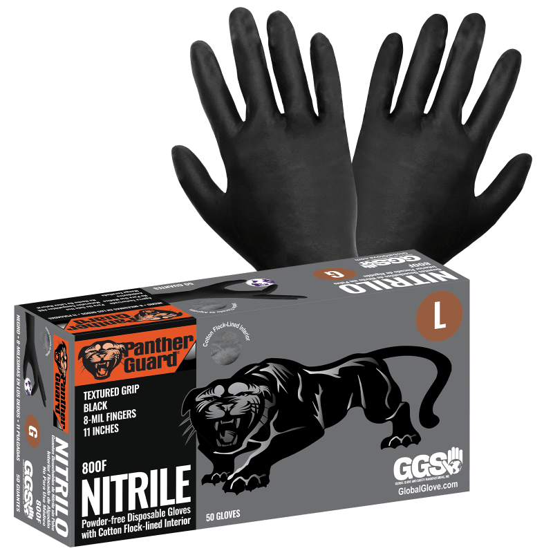 Panther-Guard® Heavyweight Nitrile, Powder-Free, Industrial-Grade, Black, 8-Mil, Flock Lined, Textured Fingertips, 11-Inch Disposable Gloves - 800F