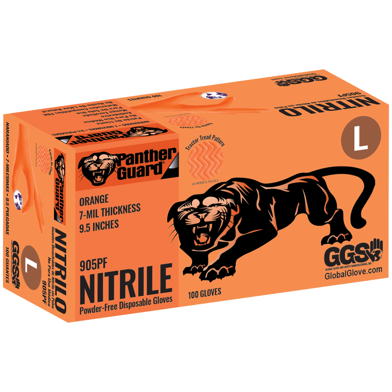 Panther-Guard® Heavyweight Nitrile, Powder-Free, Industrial-Grade, High-Visibility Orange, 7-Mil, Tractor Tread Pattern, 9.5-Inch Disposable Gloves - 905PF