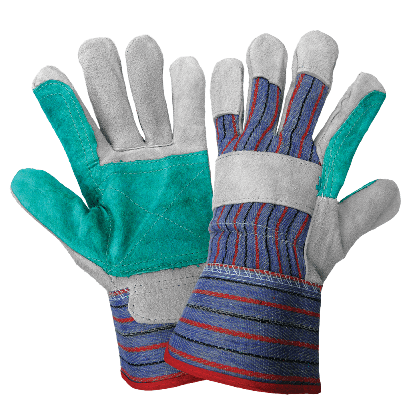 Economy Gray and Teal Split Cowhide Double Palm Gloves with Rubberized Safety Cuff - 2300DP