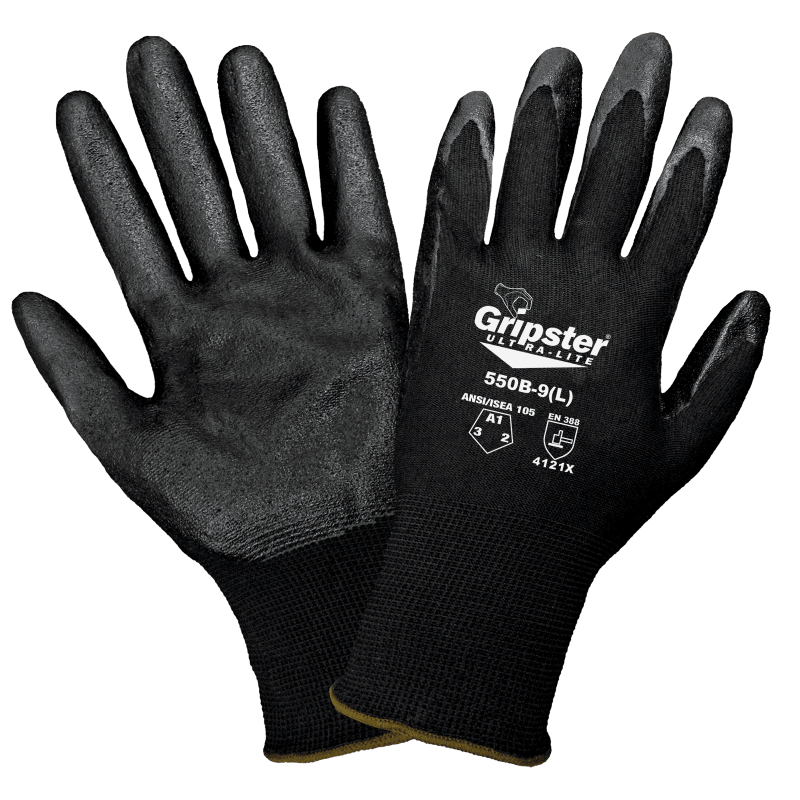 Gripster® Ultra-Lite Black Foam Nitrile Coated Nylon Gloves with Cut, Abrasion, and Puncture Resistance - 550B